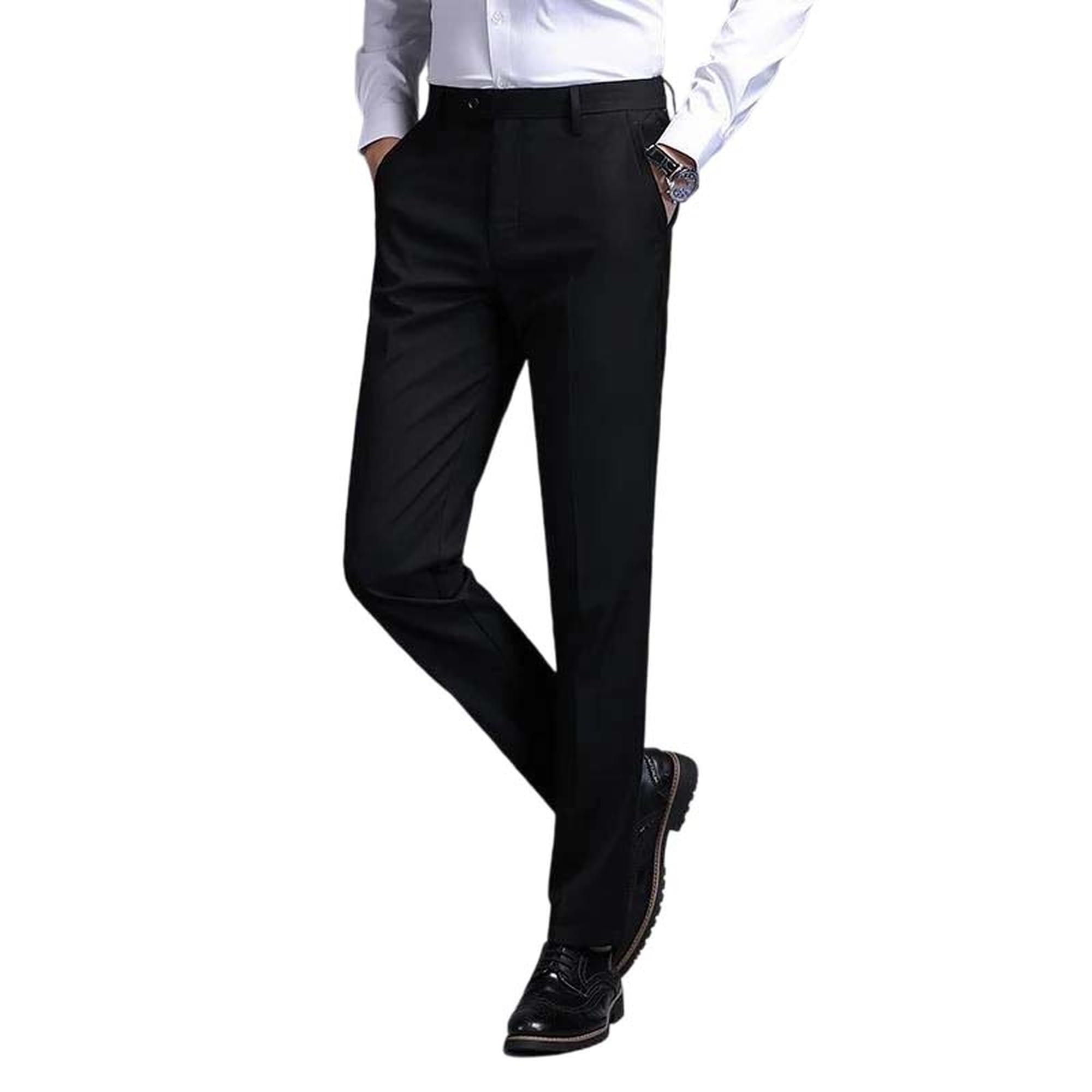 Hndudnff Mens Business Slim Fit Dress Pants Mid Rise Straight Leg Tailored Formal Office Daily Trousers