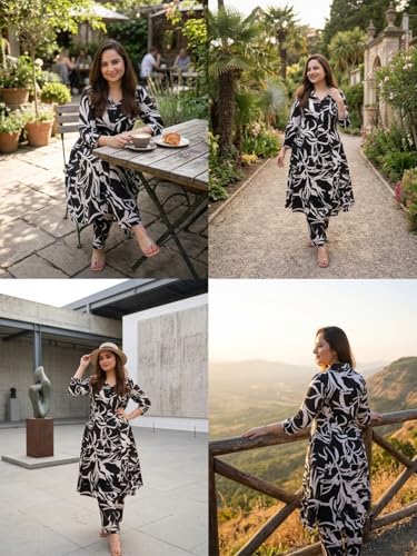 Image of Leriya Fashion Women's Cotton Printed A-Line Kurti Pant Set | Abstract Leaf & Floral Kurta with Trouser Pant | Casual Ethnic Co-ord Set for Women Stylish | Elegant Anarkali Style Tunic Kurta Set