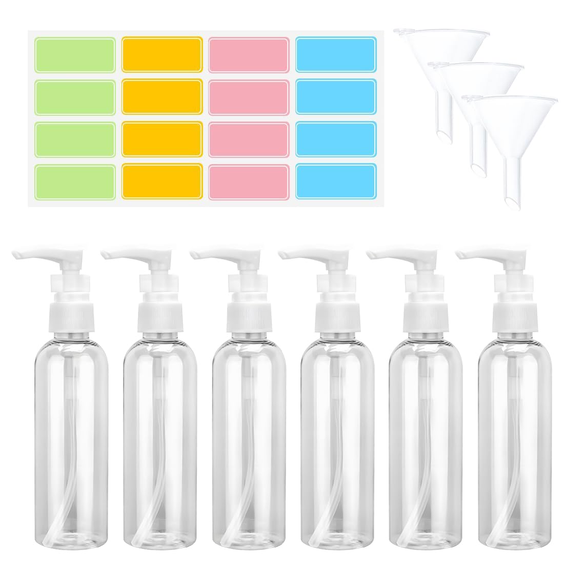6 flaconi vuoti con pompa airless da 50 ml, flaconi con pompa airless ricaricabili, erogatori di crema ricaricabili con imbuto, adesivi per cosmetici, creme, lozioni