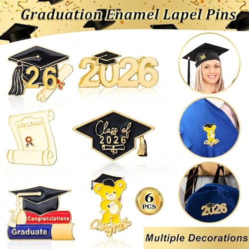 Image of Landical 6 Pcs 2026 Graduation Enamel Lapel Pins Bulk Class of 2026 Graduation Gifts Cap Souvenir Emblem Badges Diploma Design for High College Teacher School Student Accessories