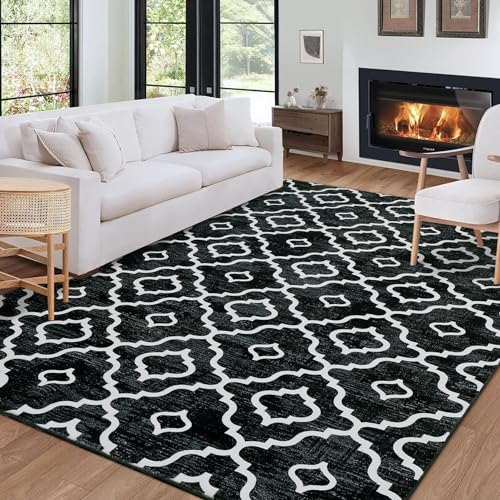 GlowSol Area Rug 5x7 Washable Rug Large Modern Trellis Rug Geometric Neutral Soft Black Rug for Living Room Bedroom Dining Room Non Slip Stain-Resistant Carpet for Home Decor