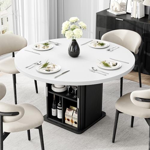 IRONCK Round Dining Table for 4, 47 inch Modern Farmhouse Kitchen Table with Storage Shelf and Wood Slide Doors, Circle Dinner Table with Quartz Top and Wood Grain Base for Dining Room Kitchen (Black)