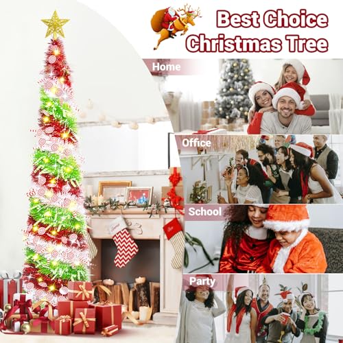 HISFFOG 5FT Pop Up Christmas Tree with 8 Rmote Lights Modes - 3 Color Sequin Tinsel Christmas Tree, Collapsible Artificial Pencil Christmas Trees Decorations for Home, Apartment, Office, Party - image 7