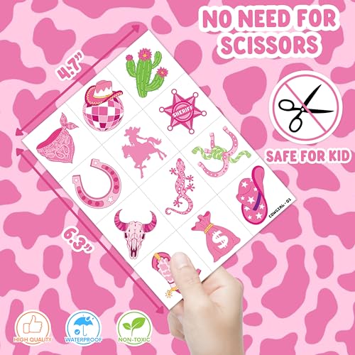 Image of 120 PCS Pre-Cut Cowgirl Temporary Tattoos for Kids Birthday Party Favors | Super Cute Disco Western Themed Supplies, Decorations, Pink Fake Tattoo Stickers, Gifts, School Rewards for Girls