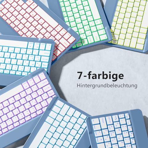 Vobafe Bluetooth Tastatur mit Telefonhalter für iOS/Android/Windows, Kabellose Tablet Tastatur für iPad/iPhone/Samsung/Laptop, Ultradünn Deutsche QWERTZ iPad Keyboard, 7 Farben Beleuchtete, Blau