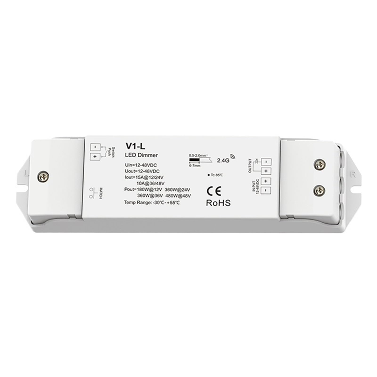 Kontroler LED V1-L DC12V-48V 1-kanałowy PWM RF 2,4 GHz bezprzewodowy pilot zdalnego sterowania do pasków LED jednokolorowy ściemniacz kontroler