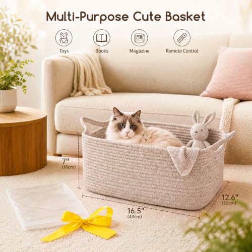 Image of OIASKET Large Empty Cotton Rope Gift Basket with Handles, 16.5 inchx12.6 inchx7 inch Decorative Woven Storage Basket with Gift Bag and Ribbon Set for Baby Shower, Toy Organizer for Kids, Dogs & Cats - Brown