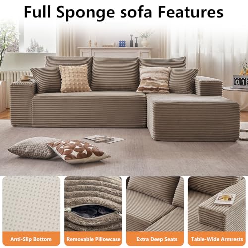 Image of 96 inch Modular Sectional Sofa, Modern Corduroy Cloud Couch with Deep Seat, Boneless Couch Upholstered 3-Seater L-Shaped Sofa for Living Room, No Assembly Required (Camel, Right-Facing Chaise)