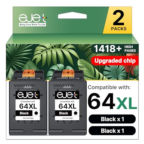 64XL Black Ink Cartridge (2 Pack) Replacement for HP Ink 64 XL Black Ink Cartridge for HP Printers Envy Photo 7855 7858 7155 7800 6255 Inspire 7900e 7955e 7950e 7958e 7200e 7255e Tango X Tango Terra