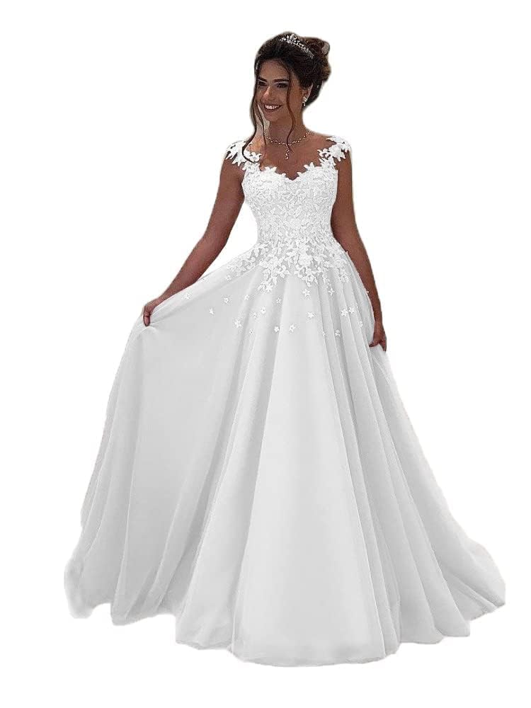 Damen Tulle Abendkleider Lang Hochzeit Spitze Prinzessin Ärmellos Brautkleid Ballkleider