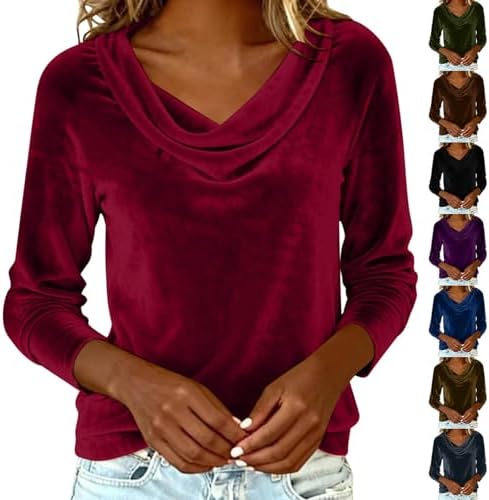 Womens Long Sleeve Velvet Tops - Elegant Party Cocktail Velour Tunic Shirts Cowl Neck Holiday Blouses Trendy 2025