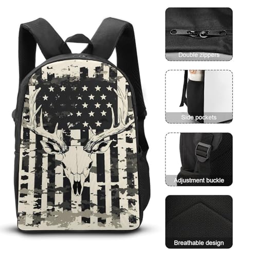 Camouflage U.S. Flag with Deer Skull Large Travel Backpacks Carry on Backpack Weekender Bag with 2 Storage Pockets for Men And Women3
