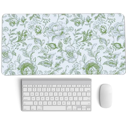 Image of Sage Green Chinoiserie Mouse Pad,Sage Green Floral Desk Mat,XL Large Greens Floral Preppy Trendy Mouse Pad,Girly Gaming Mousepad,Girly Laptop Desk Mat for Dorm Home Office,23.6x11.8 Inch