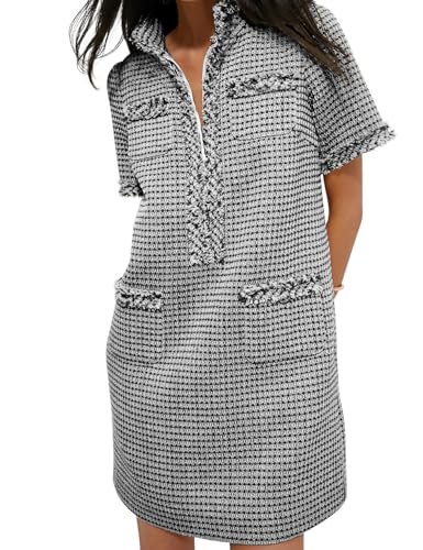 ワンピース mondrian tweed mini dress COZYPOIN Womens Tweed Mini Dress Elegant Front Half Zipper