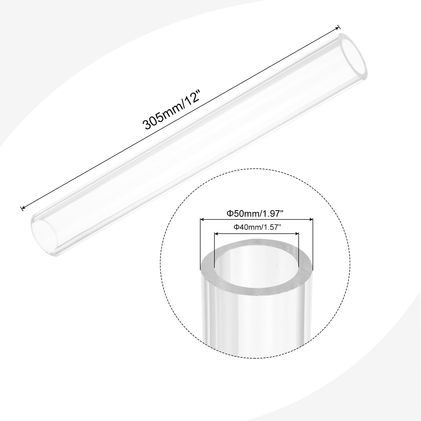 Tubo rotondo rigido in acrilico trasparente 40 mm ID 50 mm OD 305 mm per lampade e raffreddamento ad acqua