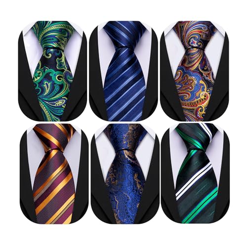 Image of Barry.Wang Mens 6 PCS Ties Silk Striped Paisley Check Floral Necktie Silky Woven Wedding Business Party Ties 3.34 inch