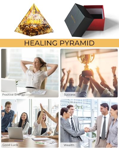 Image of Orgone Pyramid with Healing Crystals - (Flower of Life) - Energy Generator for Positive Vibe, Stress Relief & Chakra Reiki Meditation - Spiritual Gift for Success, Wealth & Prosperity (Golden)