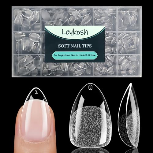 Image of Leykosh Short Almond Nail Tips - 15 Sizes 330PCS Soft Gel Fake Nails, Half Matte Full Cover Pre-Shaped Clear Press On Acrylic Nails No C Curve Gift for Extension, DIY Home Manicure Beauty Gifts