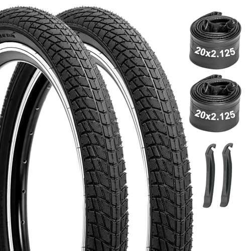 Kids Bike Tires and Tubes Set: 2-Pack 20x2.125 Inch Folding Bicycle Tires, Puncture-Protection 20' Inner Tubes Schrader Valve with Tire Levers for BMX MTB