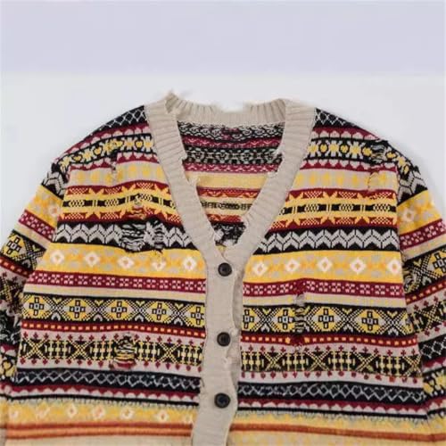 Men Rainbow Striped Knit Cardigan Raw Edge Oversized Vintage Y2K Style Casual Streetwear Sweater2
