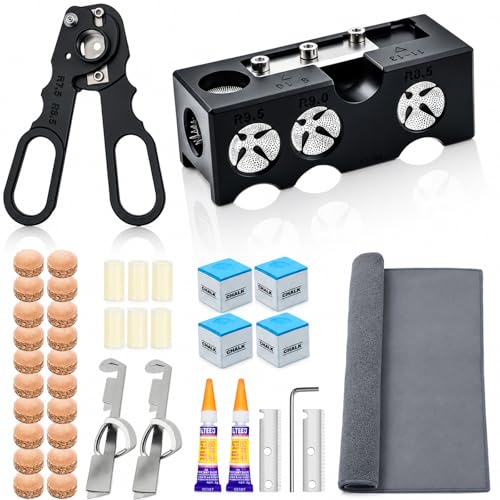 OMTRS 38PCS Pool Cue Tips Replacement Kit 13mm Pool Stick Tips Replacement Kit with 11 in 1 Cue Tips Repair Tools Pool Cue Repair Kit Billiard Pool Accessories (11 in 1 Shaper Tool)