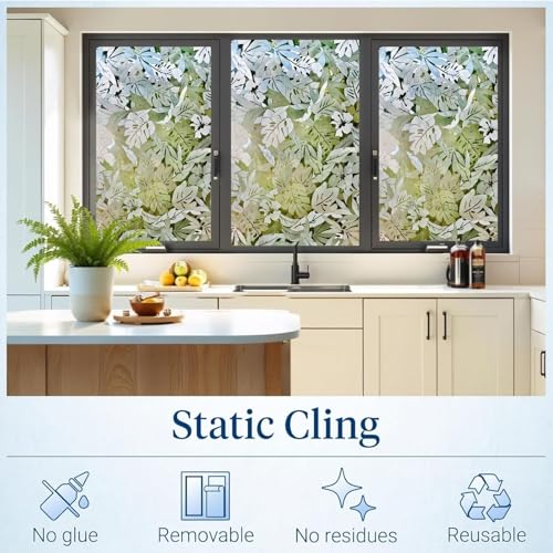 Image of WISDOM Premium Frosted Glass Window Film Self Adhesive Decorative Glass Window Privacy Sheet Film UV Control Removable Vinyl Privacy Film (Palm Leaves, 24x50 Inch)