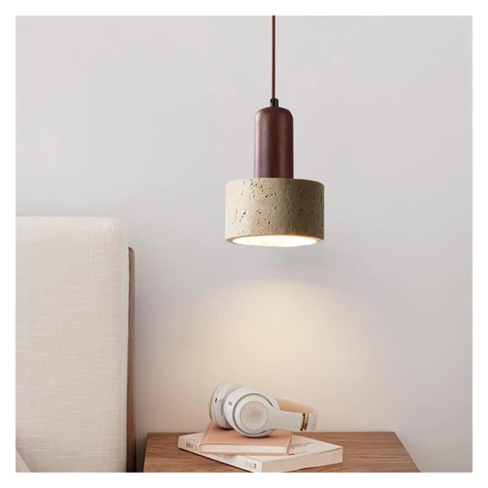 Suspension, mini-cylindre en pierre naturelle, suspension en bois de noyer, travertin, luminaire suspendu for îlot de cuisine for salle à manger, chambre à coucher, restaurant(15cm)
