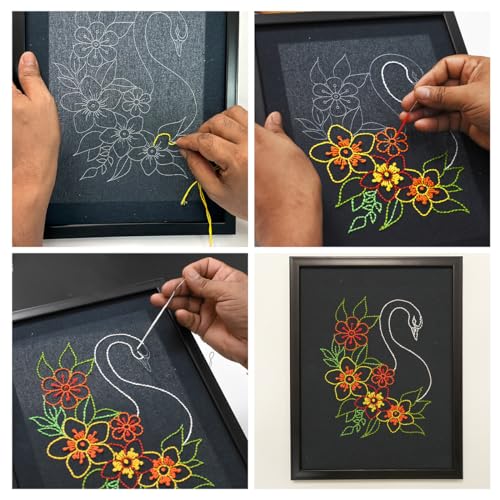 Image of picknMAKE Hand Cross Stitch Embroidery Kits for Beginners Adults with Cloth Fabric, Framed Swan on Black Pattern to do Embroidery with Instruction and All Material Included