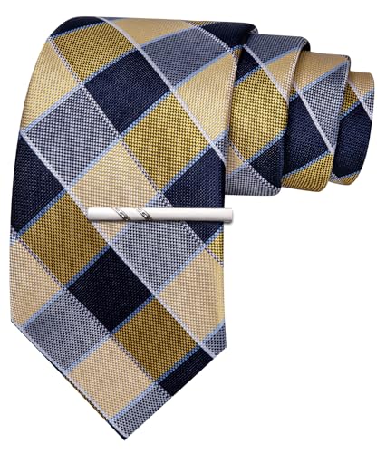 Image of Barry.Wang Plaid Ties Mens Silk Necktie and Tie Clip Checkered Tie for Wedding Party Business Formal