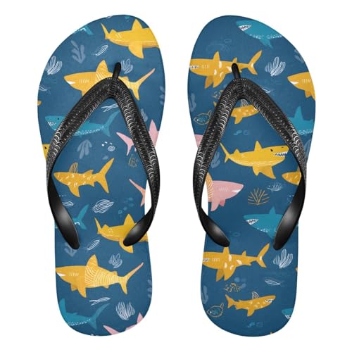 ALAZA Colorful Cartoon Shark Flip Flops for Women Fashion Beach Slippers Comfort Mens Flip Flops Non-Slip Rubber Shower Slippers Sandal for Hotel Travel Sport,XS