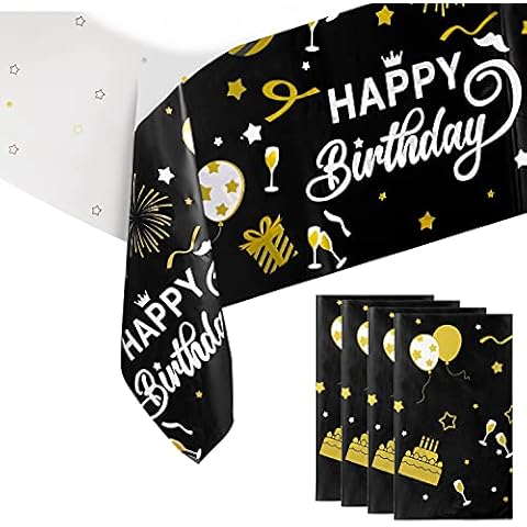 KENPMA Happy Birthday Table Cloth Cover Party Decorations Black and Gold Plastic Tablecloths for Birthday Party Supplies, Pack of 4, 54 x 108 Inches Cover