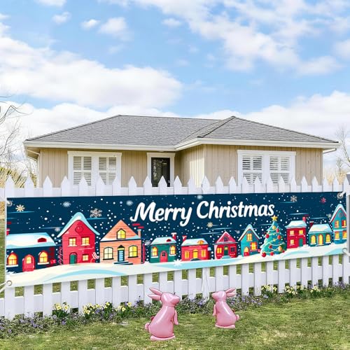 Image of Christmas Village Banner 78.7 x 17.7 Inch Snowy Town Scene with Colorful Houses and Tree Design Holiday Decoration for Yard Garden Fence Porch Patio Wall or Outdoor Display Perfect for Winter Celebration Decor