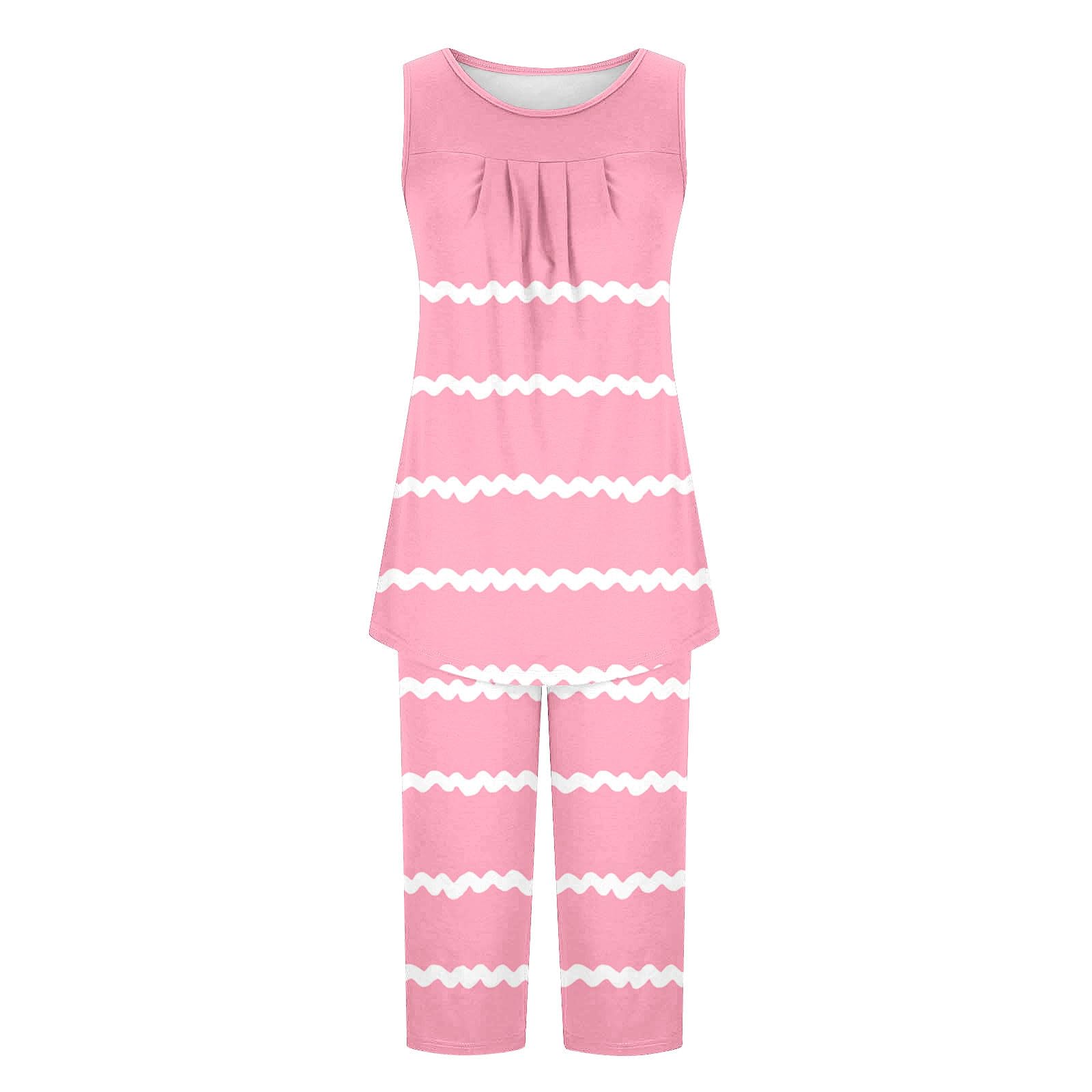 Pajama Sets for Women Summer Plus Size Lounge Sleepwear Loose Sleeveless Tops Printed Bermuda Shorts with Pockets — view 4