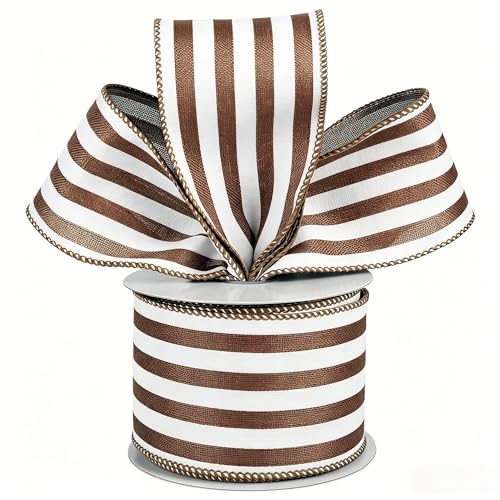 Meseey Brown and White Stripe Wired Ribbon 2.5 Inch x 10 Yards Farmhouse Ticking Stripe Wired Edge Ribbon for Gift Wrapping Wreaths Crafts Christmas Fall & Home Decor