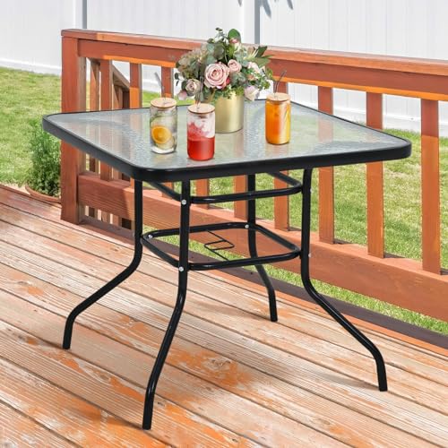 Outdoor Dining Table 316 Square Bistro Table with Umbrella Hole Tempered Glass Metal Patio Table for OutsideIndoorPoach