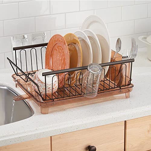 Mdesign Large Modern Kitchen Countertop, Sink Dish Drying Rack - Removable Cutlery Tray And Drainboard With Adjustable Swivel Spout - 3 Pieces, Bronze/Brown Cutlery Caddy And Drainboard #TOP1