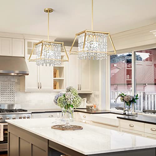 Image of LMQNINE Farmhouse Chandelier - Gold Metal Crystal Pendant Light for Kitchen, Dining Room, Living Room - Flat and Inclined Ceiling (Trapezoid -15.74in)