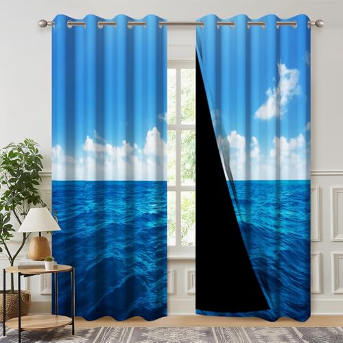 Kzzfqxb Blue Sky Ocean Blackout Curtains, Summer Sea Nature Landscape White Clouds Waves Curtains, Light Blocking Drapes for Living Room Bedroom with Grommets,2 Panels,Each W53 xL85