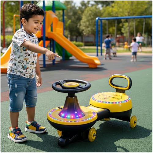 Image of Toyzone Orbiter Electric Magic Car (Yellow) | Rechargeable Ride On with 12V 4.5 AH Battery | Colourful LED Lights & Music | Made in India | 6M Battery Warranty | Age 2-10 Years, Upto 30 KGs
