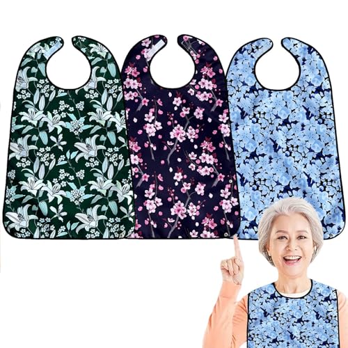 HUAXITRA Adult Bibs for Women 3 Pack Washable and Reusable Waterproof Adult Bib Dinning Bibs For Adults Clothing Protector with Optional Crumb Catcher Cherry Blossoms