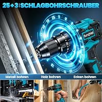 Akkuschrauber/Bohrmaschine Set 25+3 Kompatibel mit Makita 18V Akku, Enthalten 2 Akkus 2.0Ah & Ladegerät, 21V, 60 Nm Drehmoment, 2-Gang-Getriebe, Ideal für Haus und Garten DIY Projekt – Ansicht 3