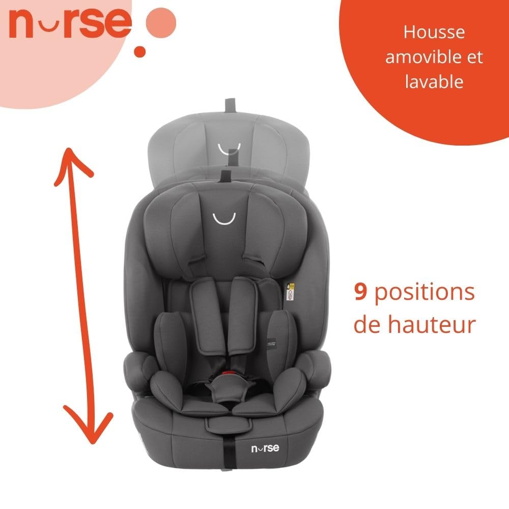 Nurse by Jané Grip Siège Auto i-Size 76–150 cm, 2–12 Ans, Sans Isofix, Installation Ceinture, 9 Positions, Groupe 1 2 3, Gris