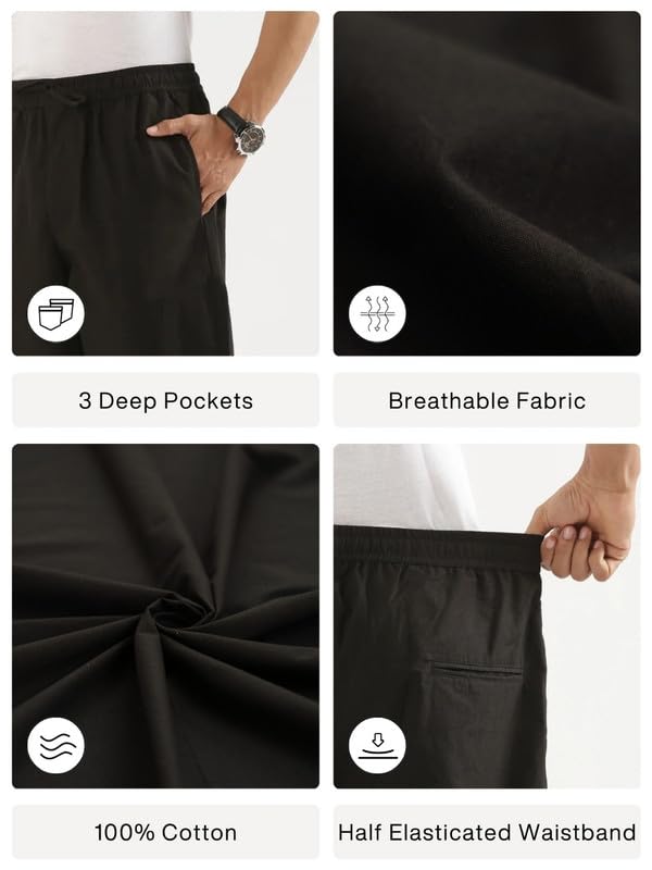 Image of SAADAA Men's 100% Cotton Pants | Mid-Rise Straight Fit Casual Trousers with Elastic Waistband and 3 Pockets | Everyday Wear