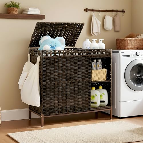 Gitelsnour Laundry Hamper with Lid, 110L (29.1 Gal) Rattan Laundry Hamper 2 Section with 50L (13.2 Gal) Storage Shelf, Wicker Woven Laundry Sorter Basket with 3 Liner Bags and Handles, Brown GLH002BR
