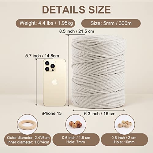 Image of ZUEXT Macrame Cord, Beige White, 5mm x 328yds Cotton String Macrame Yarn