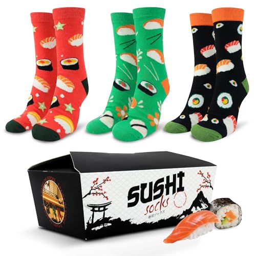 POPCRAZE Sushi Socks for Men & Women Funny Food-Themed Crew Fathers Day Gift Idea Colorful Novelty Socks Soft & Comfortable Cotton Blend (US Alpha One Size Regular Regular 3 Pairs)