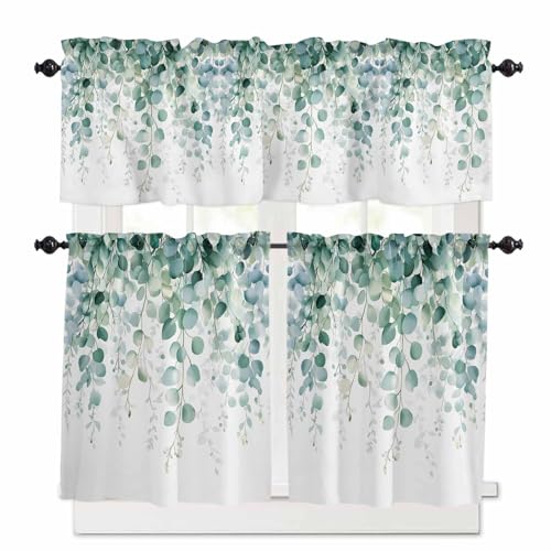 Epetloutys Sage Green Eucalyptus Kitchen Curtains Set, Botanical Leaves Tier