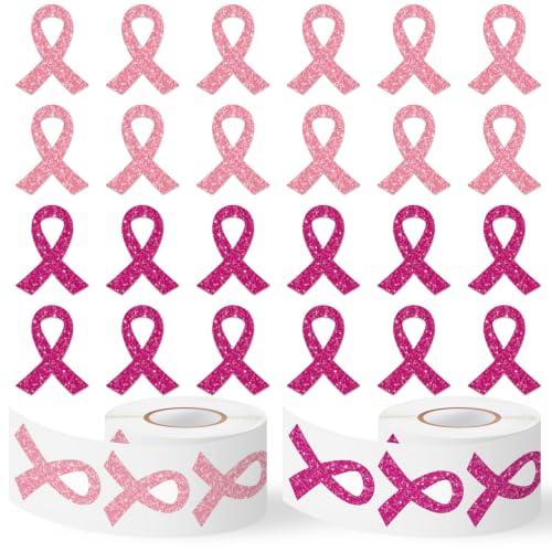 Image of Breast Cancer Awareness Sticker Rolls, 1000Pcs Glitter Pink Ribbon