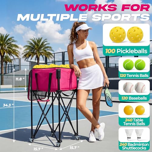 Paddyn Pickleball Cart With Wheels, Foldable Tennis Ball Hopper Basket, Lightweight Ball Caddy With Zippered Mesh Lid, Portable Sports Ball Storage For Outdoor Court, Home Training, Kids Youth Adults