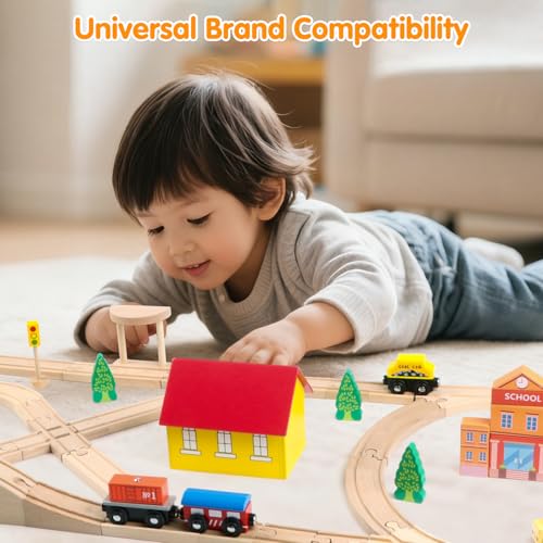 Qilay Wooden Train Track Set - 62PCS Track Expansion with 1 Bonus Magnetic Trains, Arched Bridge, Storage Bag, Compatible with All Major Brand Train Set for Kids 3+ — view 3